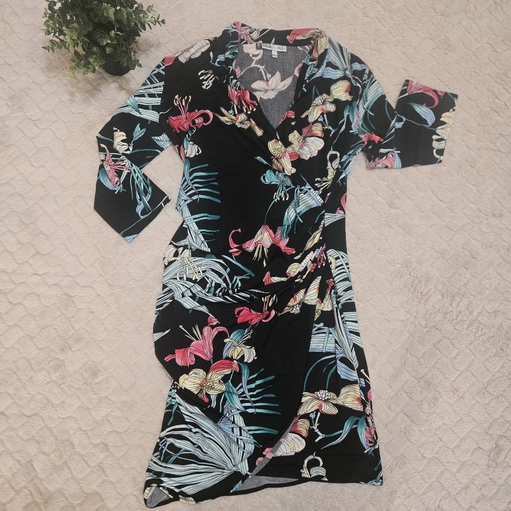 Jennifer Lopez Black Floral Faux-Wrap Fitted Dress, Size Large